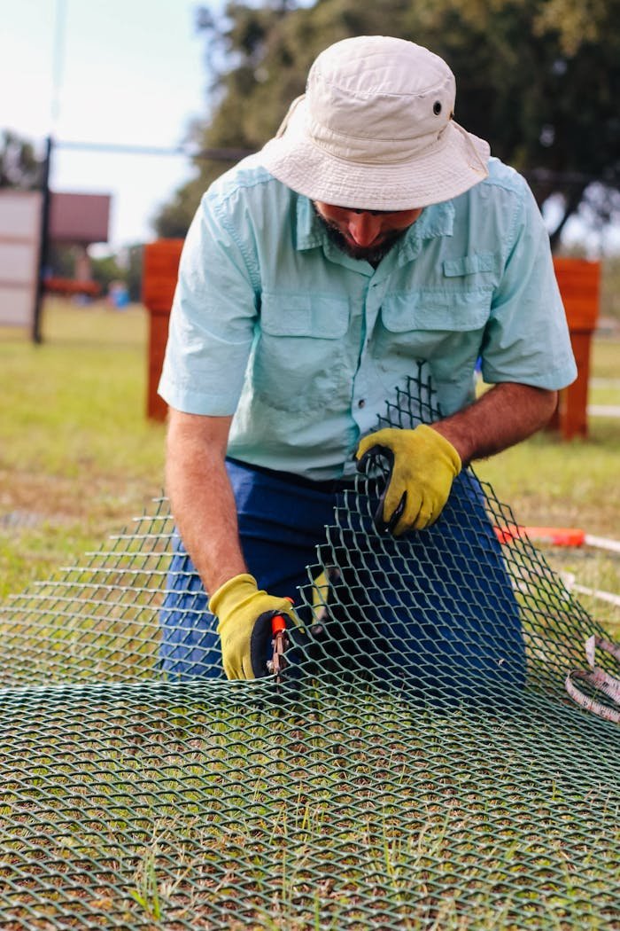 Man in Blue Button Up Shirt Cutting Green Net